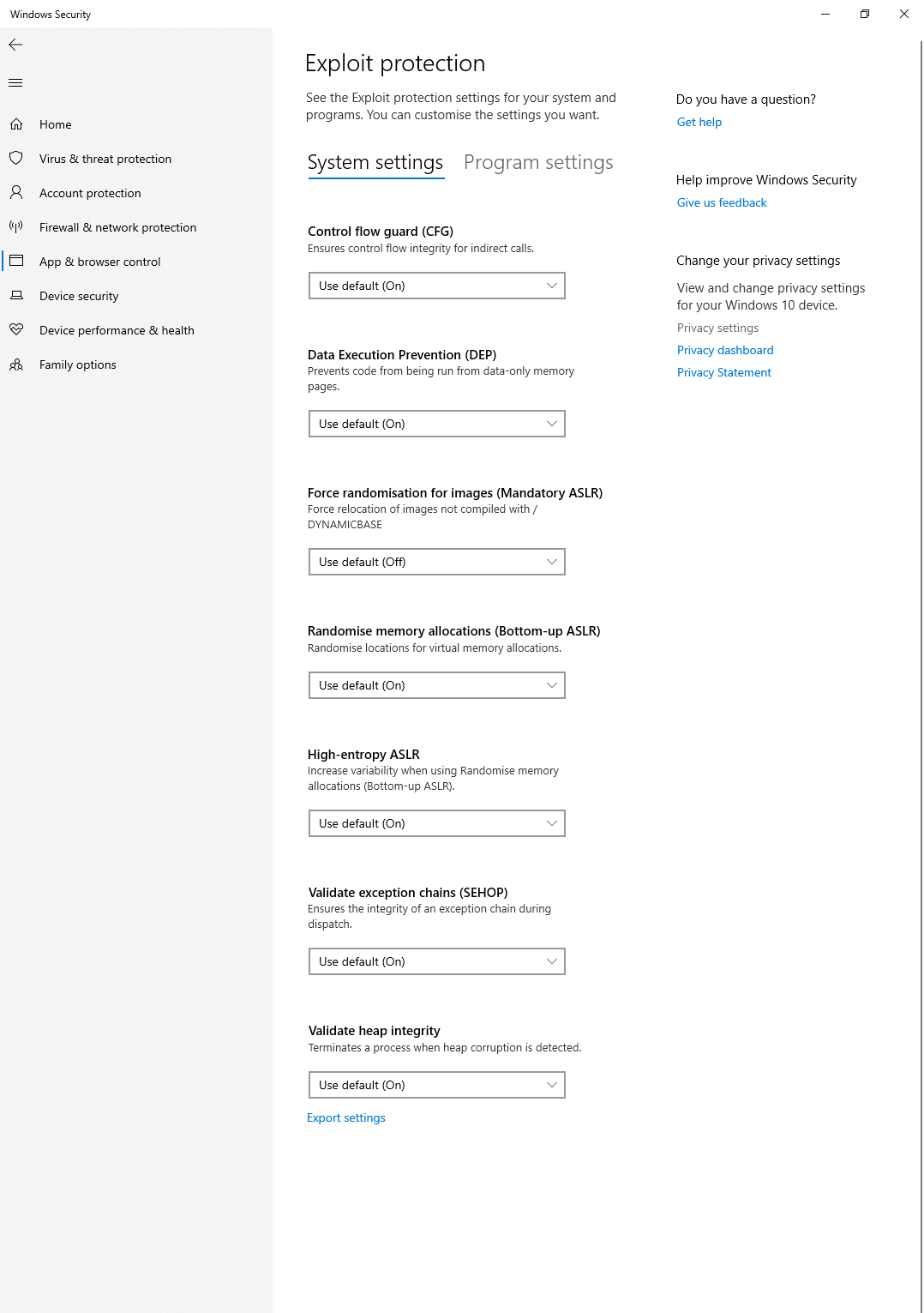 Exploit protection settings